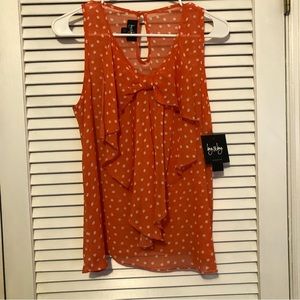 NWT By & By Sleeveless Front Ruffled M Polyester Orange White Polka Dot M Top